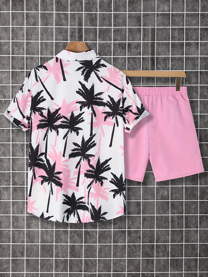 Herren Sommer Strand Set – Palmen Print Kurzarmhemd und Shorts, Freizeit Outfit