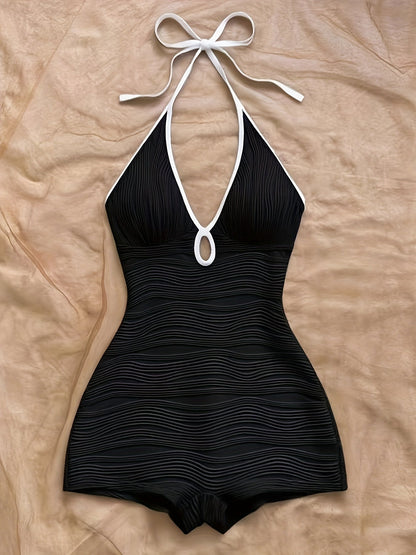 Women's Swimsuit with Wave Design and Boyshort Cut – Elegant One-Piece for Beach and Pool