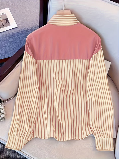 Women's striped blouse with tie detail, long-sleeve shirt blouse with chest pocket
