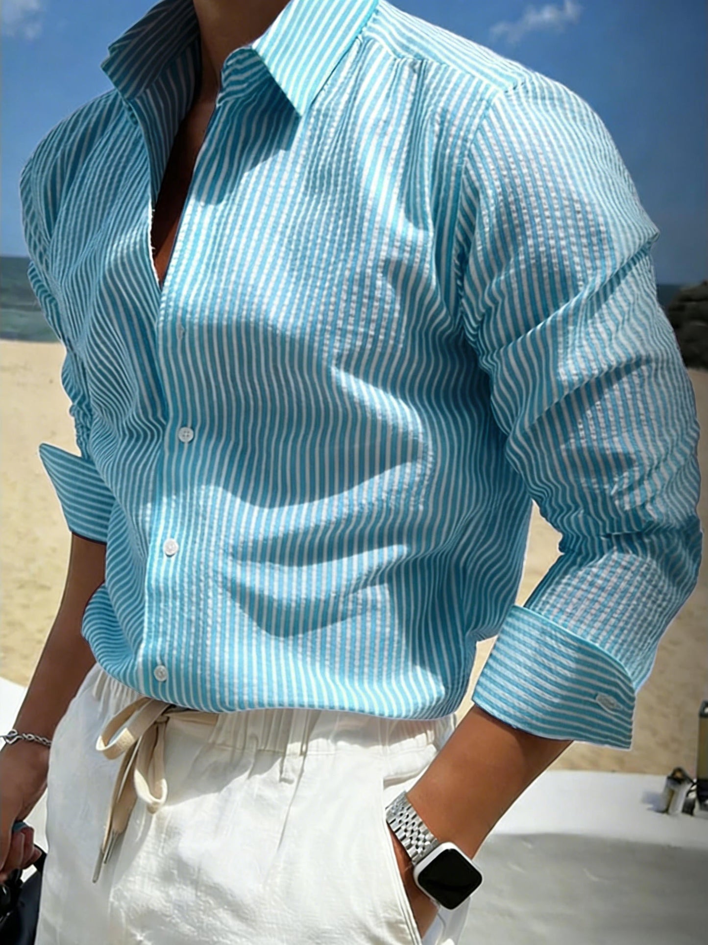 Men's Casual Shirt with Stripes – Stylish Regular Fit Business & Beach Shirt