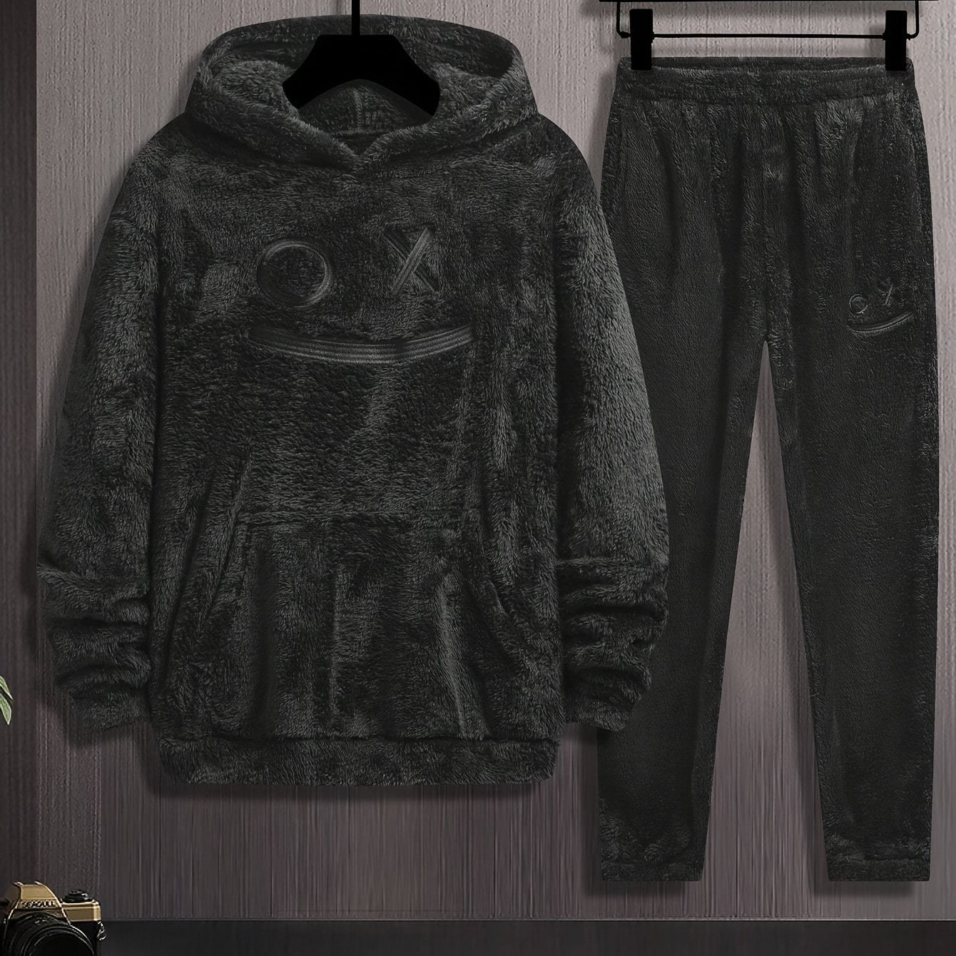Unisex flannel plush tracksuit in gray with a hood