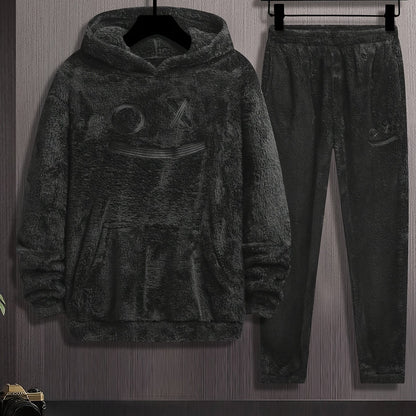 Unisex flannel plush tracksuit in gray with a hood