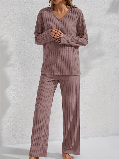 Women's rib-knit lounge set with V-neck long-sleeve top and wide-leg pants