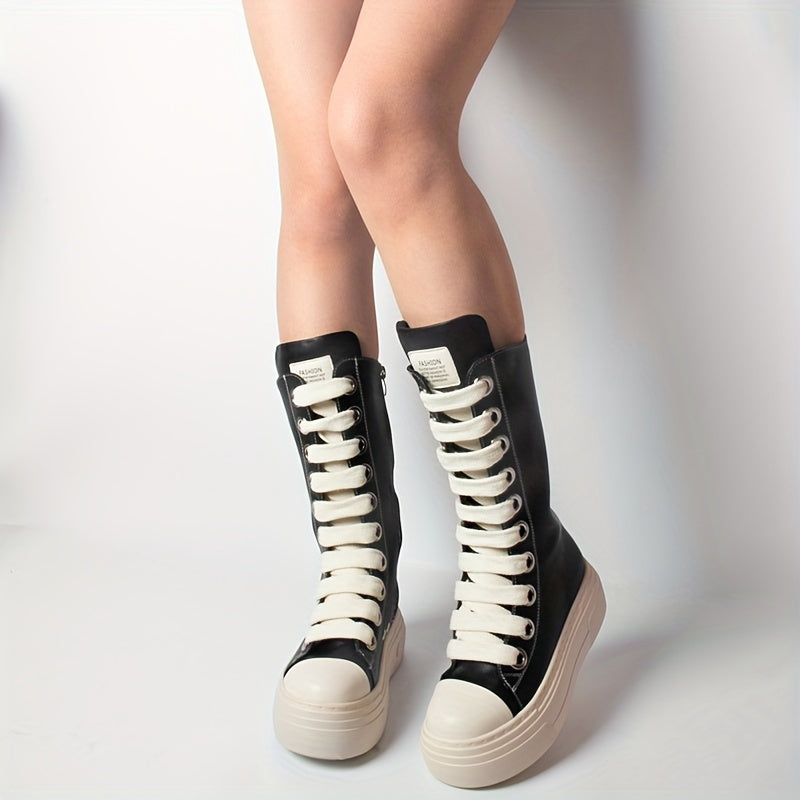 Platform High-Top Boots Black White with Lacing