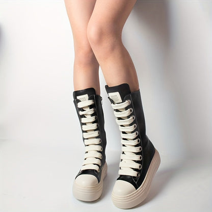 Platform High-Top Boots Black White with Lacing