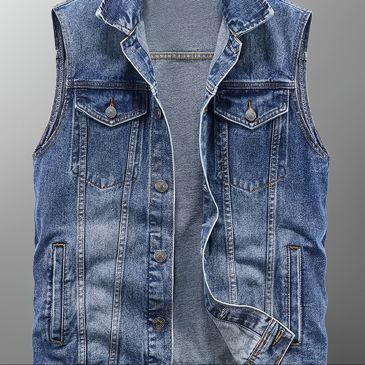 Men's blue sleeveless denim vest with button closure and chest pockets