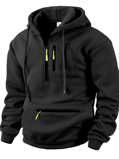 Men's hoodie with half-zip, kangaroo pocket & chest pocket, hooded sweatshirt