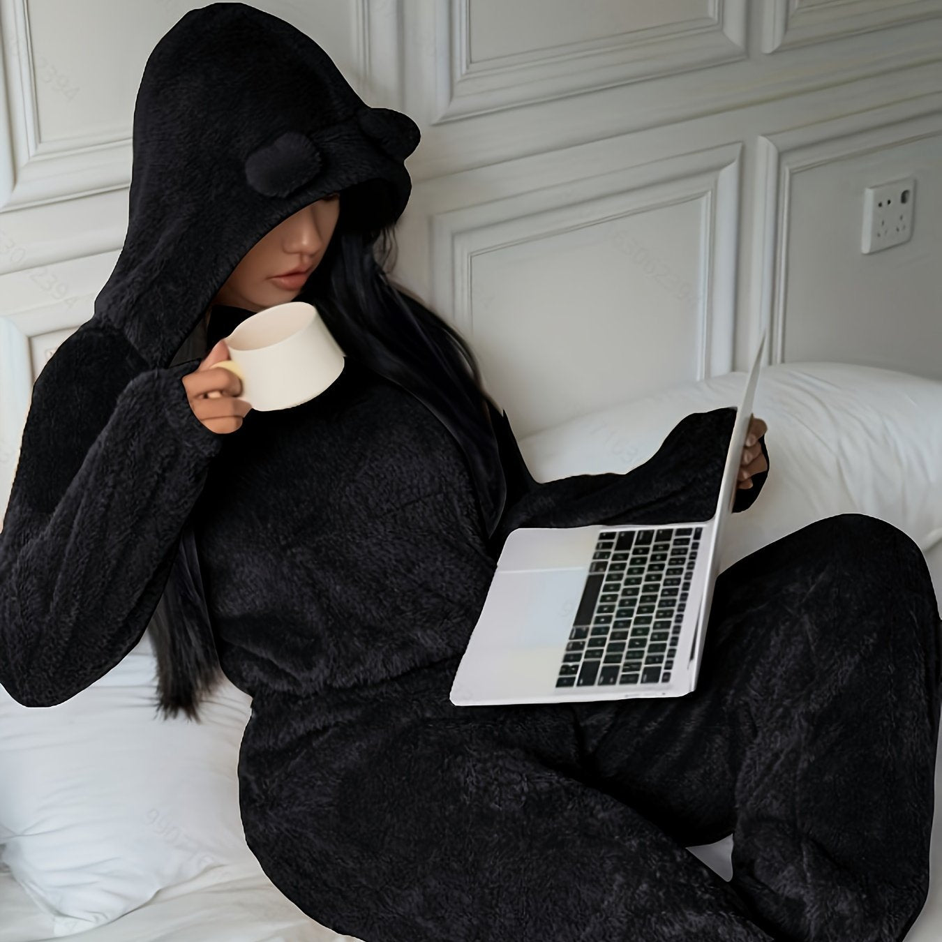 Damen Kuscheliger Loungewear Schlafanzug mit Kapuze und Ohren Plüsch Zweiteiler
