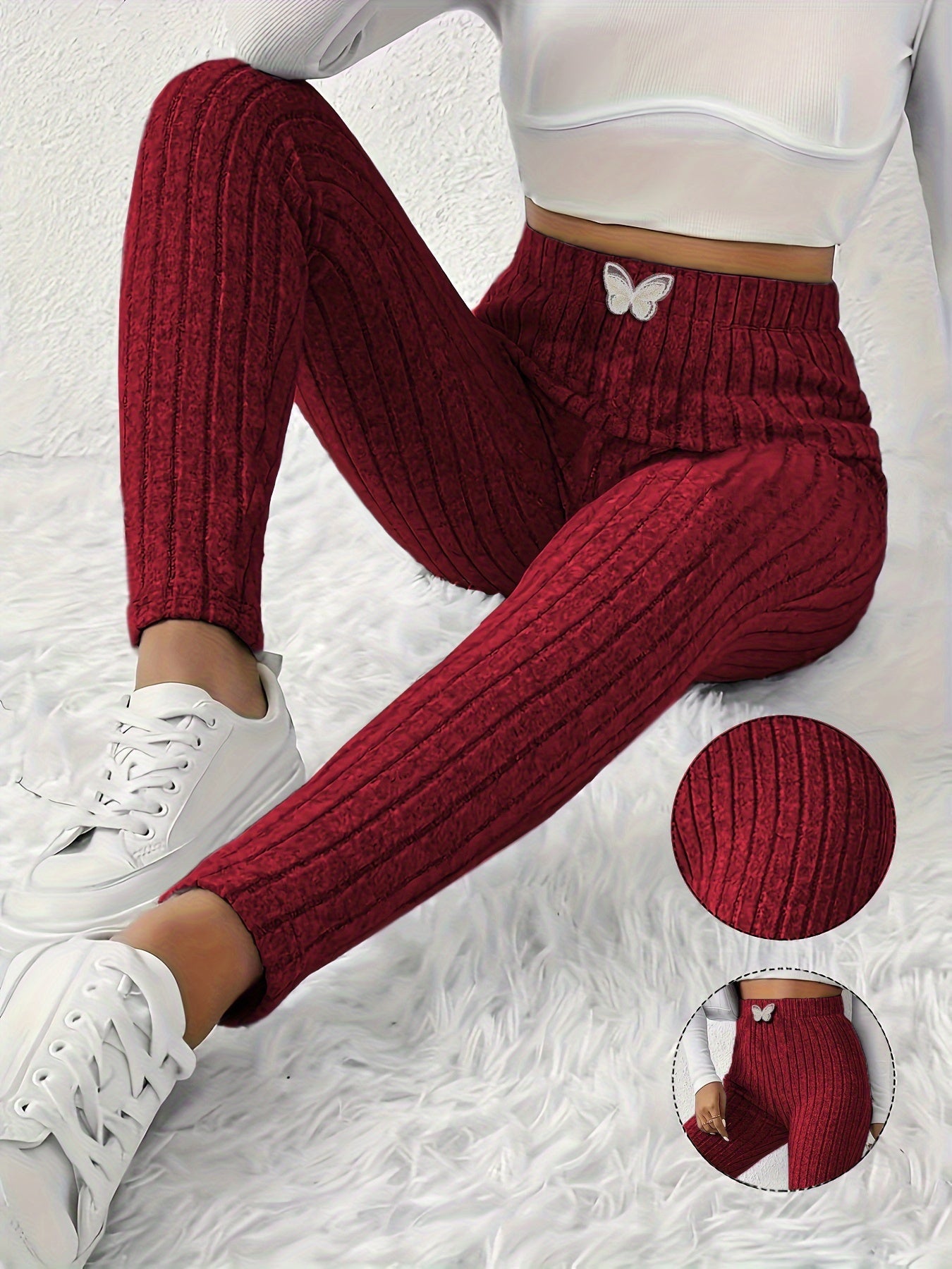 Ribbed leggings for women, high-waisted, slim fit, butterfly detail