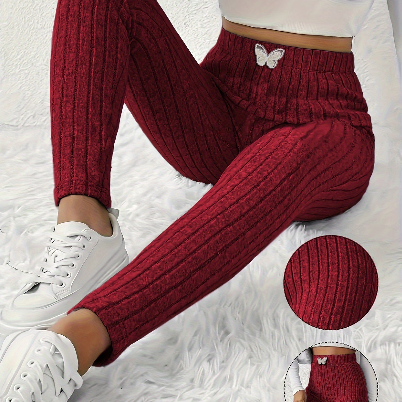 Ribbed leggings for women, high-waisted, slim fit, butterfly detail