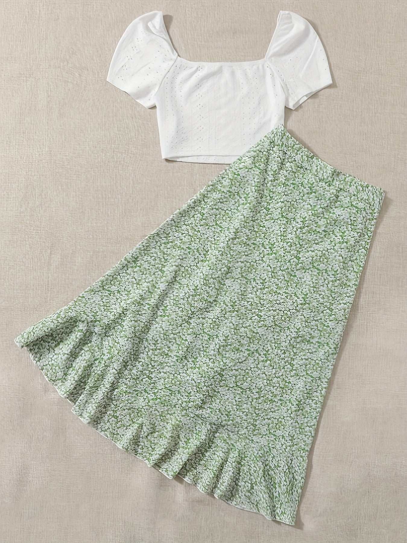 Damen Zweiteiler Set – Romantische Bluse mit Puffärmeln und Floraler Wickelrock – Perfekt für Sommer & Freizeit