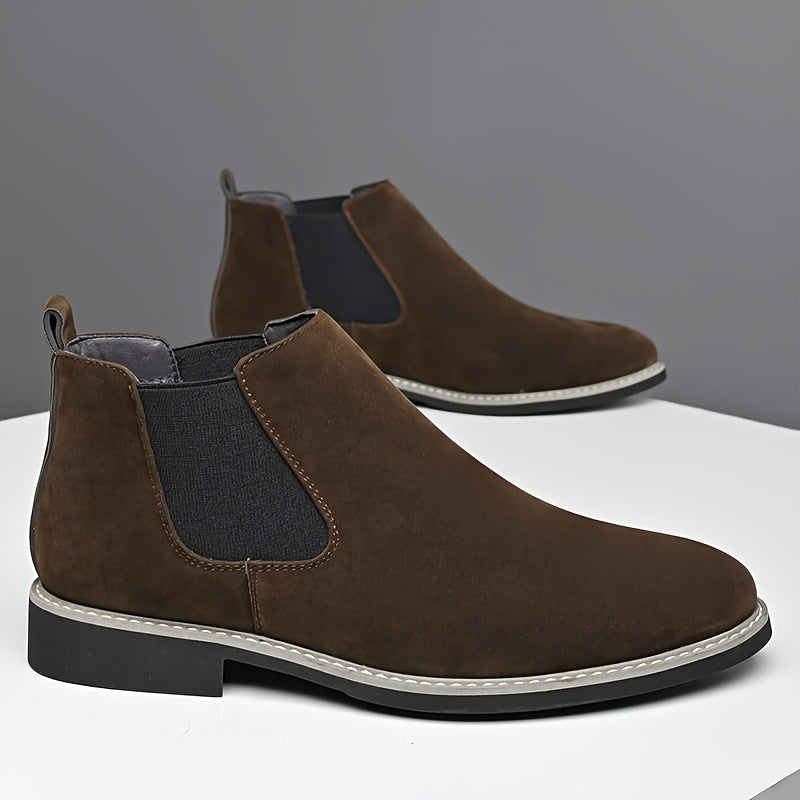 Men's Chelsea boots in faux suede with elastic inserts, brown and black