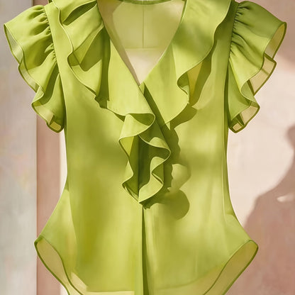 Women's blouse with ruffles and V-neck – Elegant frilled blouse for office and leisure