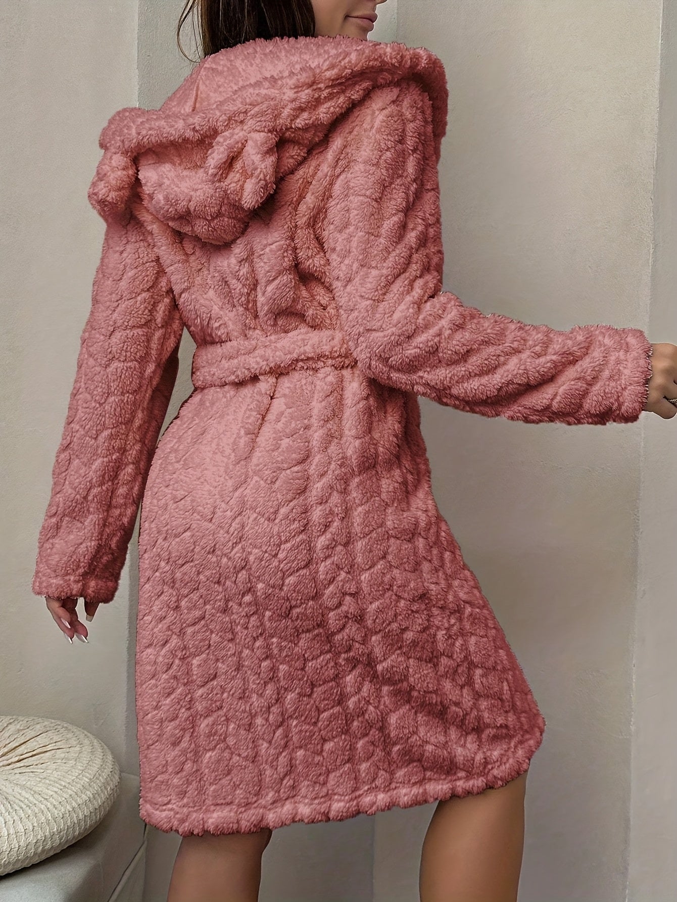 Women's long fluffy bathrobe with hood and ears, lilac purple