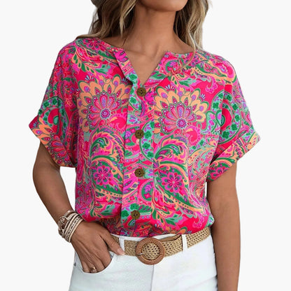 Women's Short-Sleeve Blouse with Floral Pattern and Button Placket – Elegant Summer Fashion for Everyday & Leisure