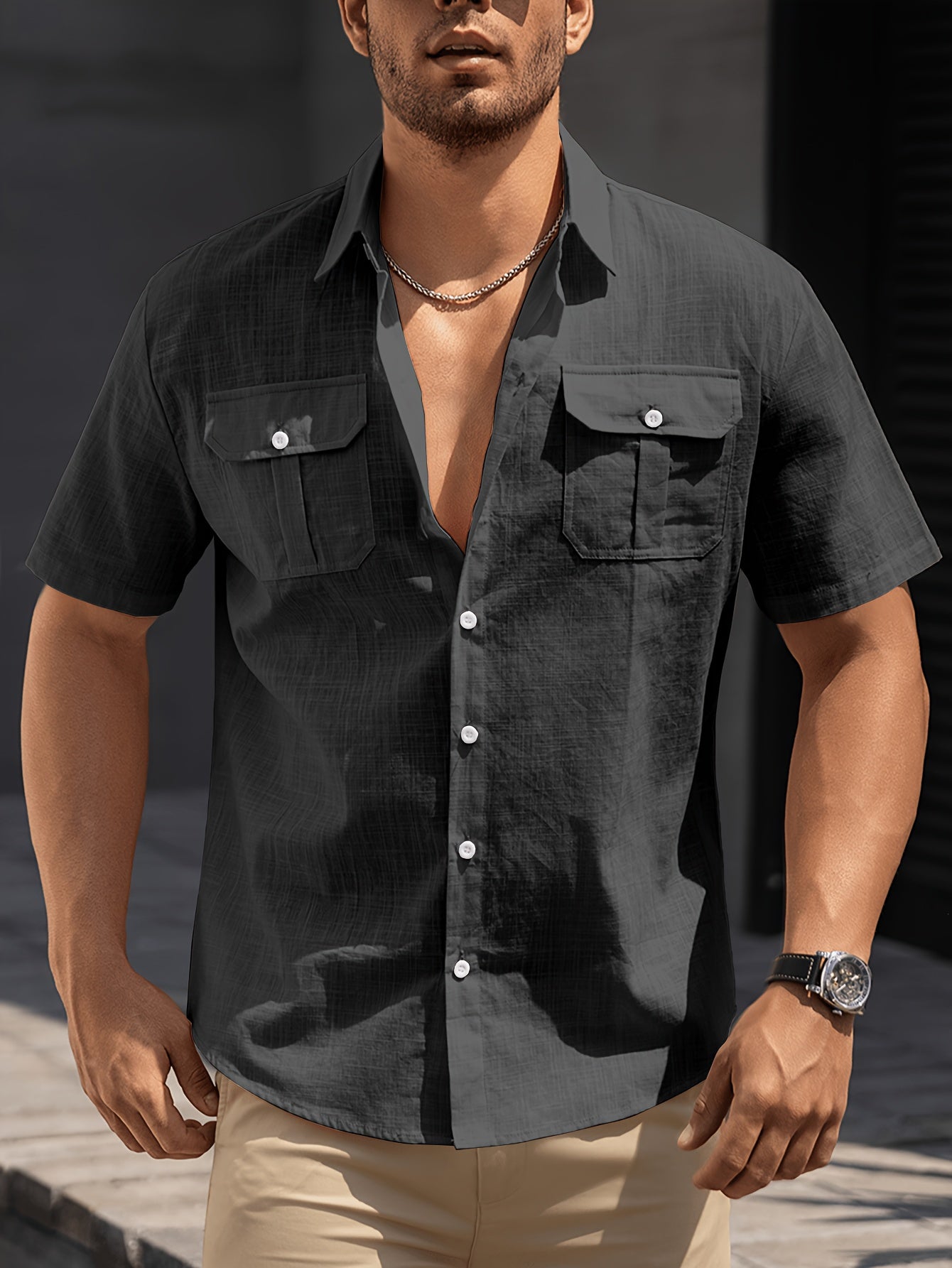 Men's Casual Short-Sleeve Shirt with Chest Pockets – Summer Regular Fit for Casual Occasions