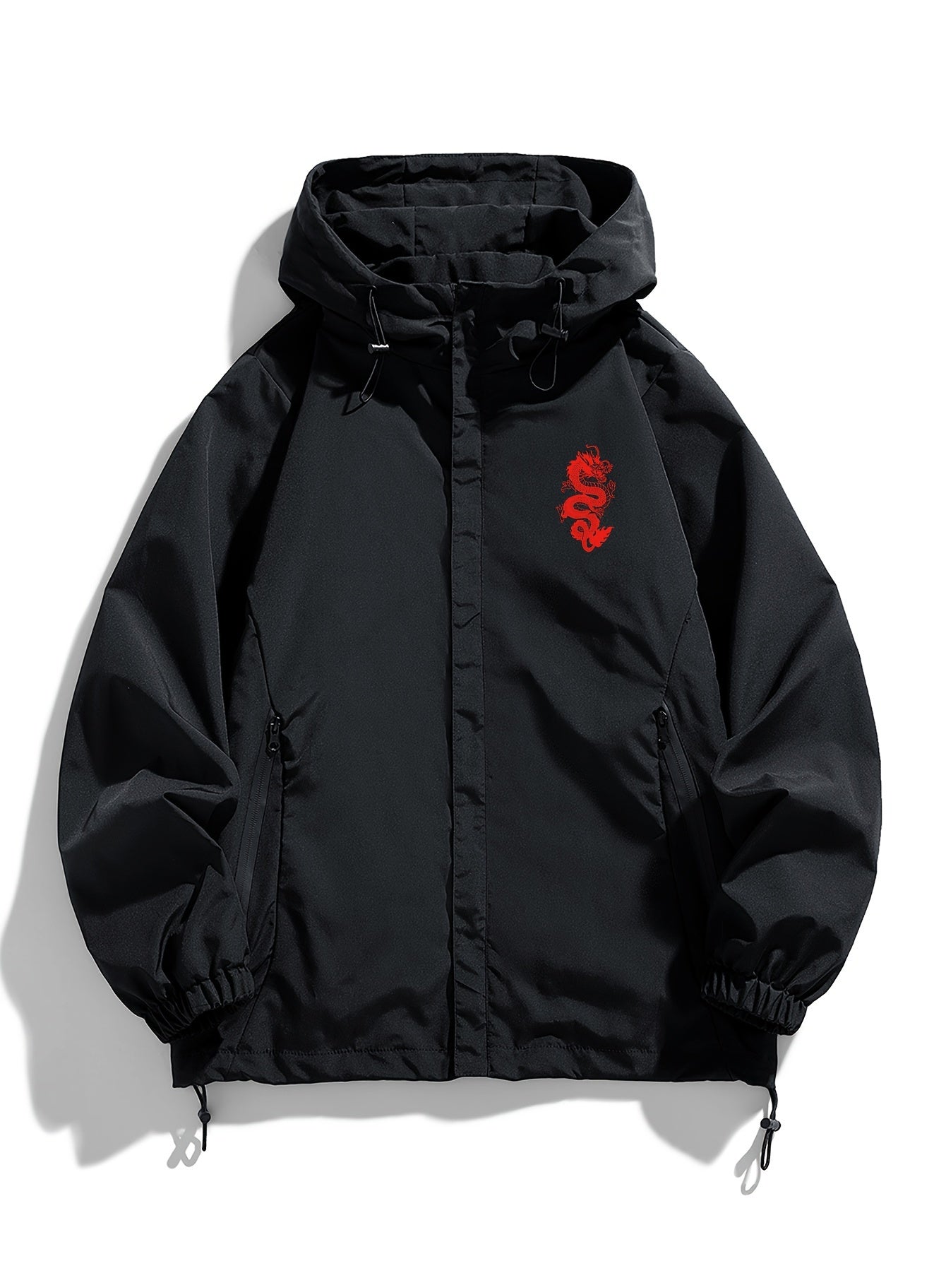 Unisex black windbreaker jacket with hood and red dragon design