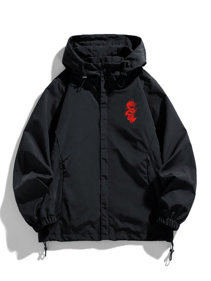 Unisex black windbreaker jacket with hood and red dragon design