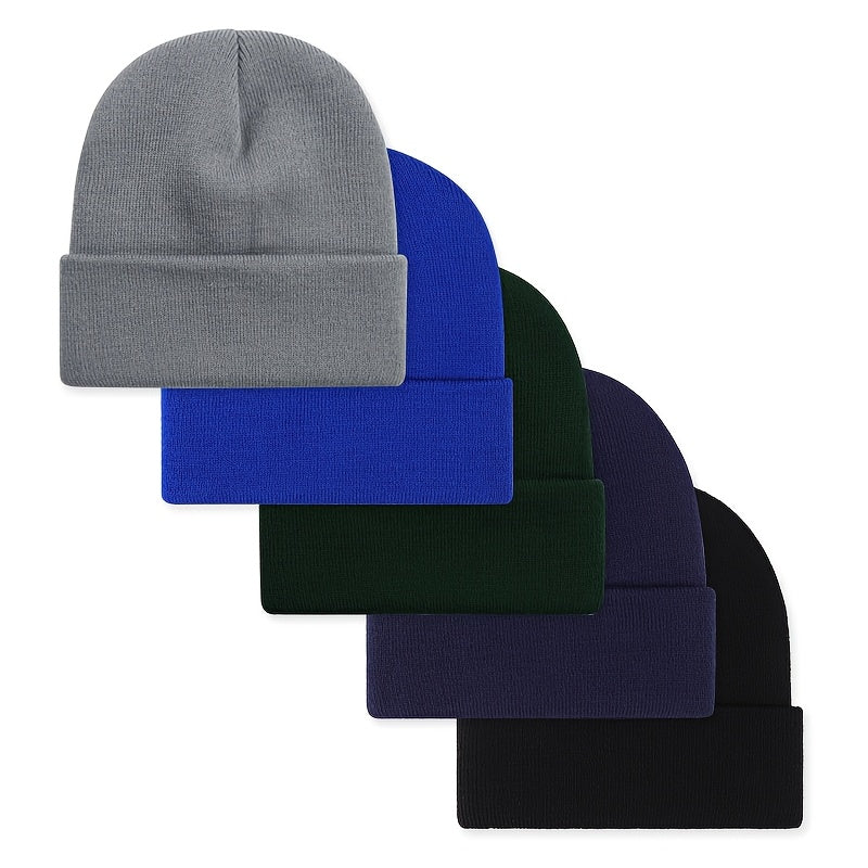 Unisex beanie knit hat with rolled brim, 5-pack in assorted colors