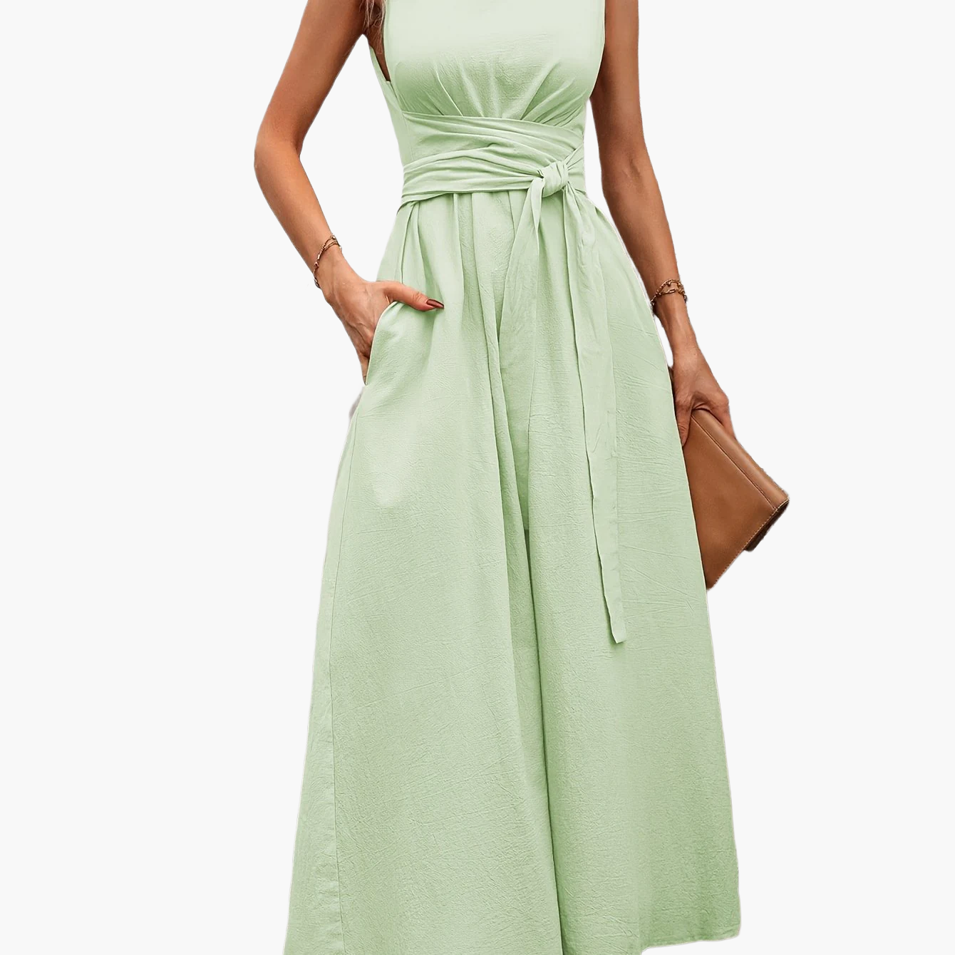 Women's Elegant Sleeveless Jumpsuit with Tie Belt and Wide Legs – Perfect for Summer and Leisure