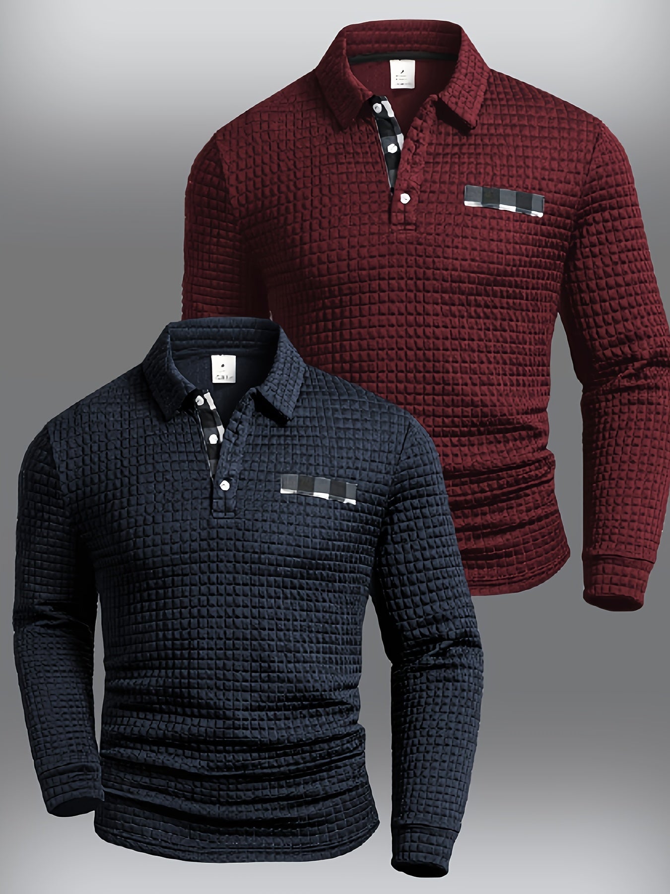 Men's long-sleeved polo shirt with a waffle texture and checked collar, navy blue and army green