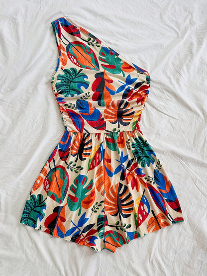 Women's One-Shoulder Jumpsuit with Tropical Print – Summer Fashion for Vacation & Leisure