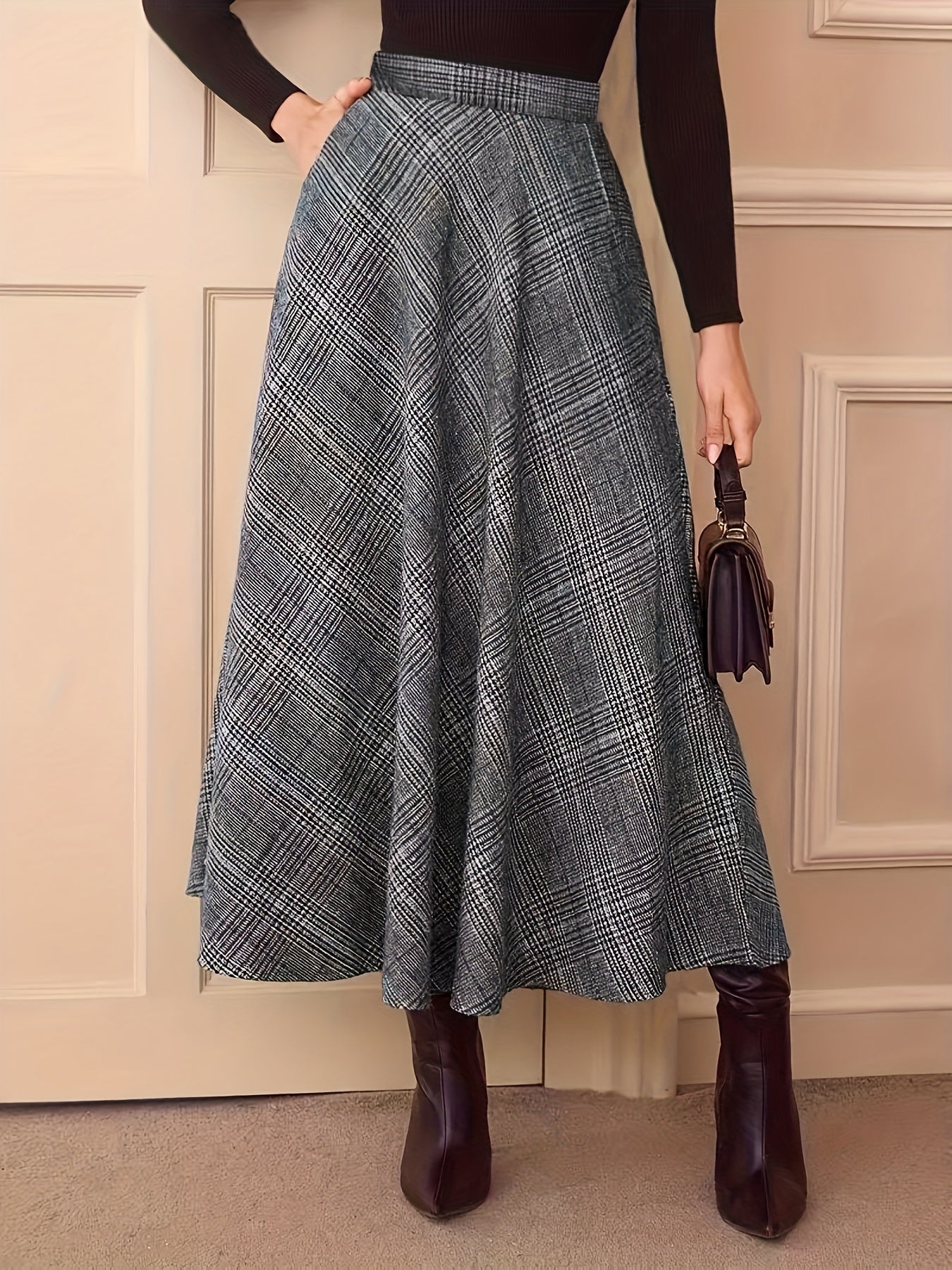 Women's plaid maxi skirt, A-line, high-waisted