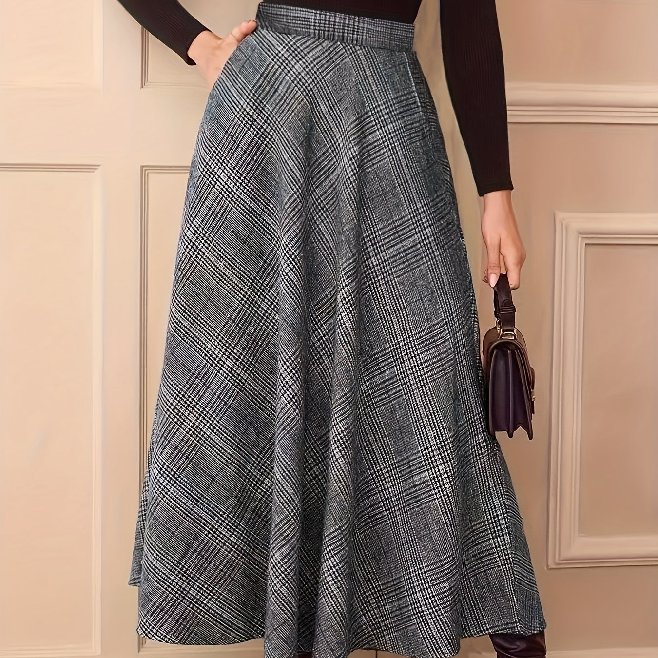 Women's plaid maxi skirt, A-line, high-waisted