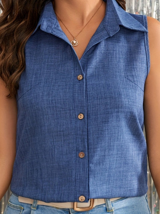 Women's sleeveless blouse with button placket and polo collar – Elegant casual wear for summer