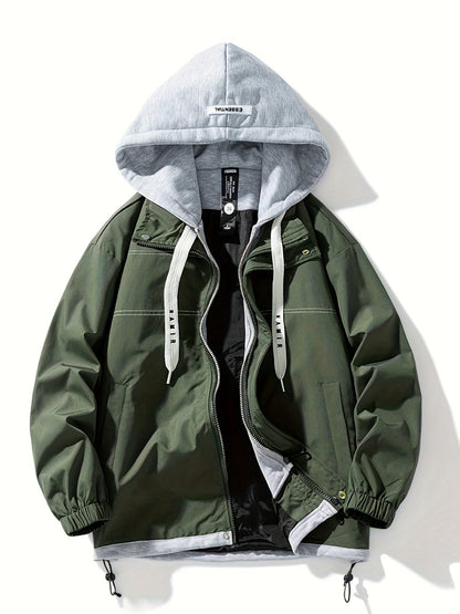 Unisex transitional jacket with hood and zipper, two-in-one look, black/brown