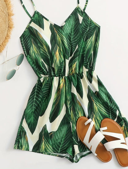 Women's jumpsuit with tropical leaf print – summery one-piece for vacation & leisure