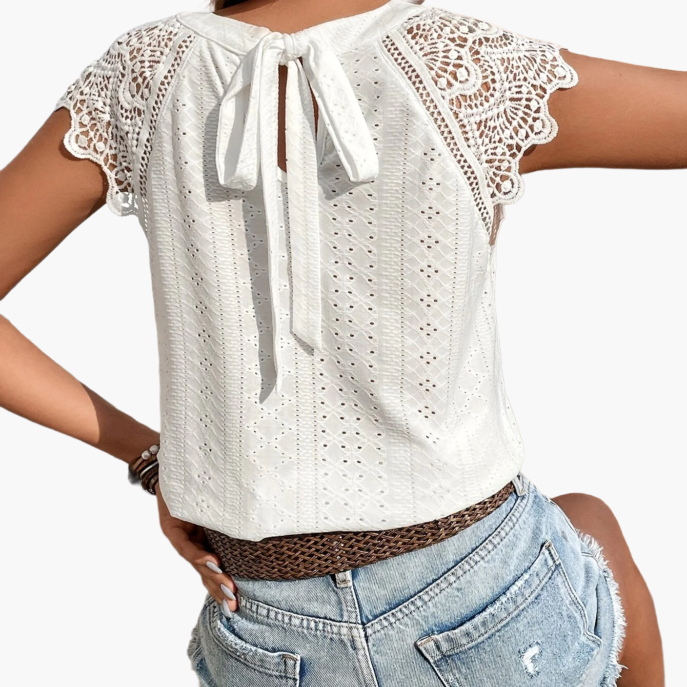 Women's lace blouse with back bow and short sleeves – summer casual boho style