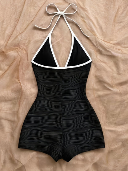 Women's Swimsuit with Wave Design and Boyshort Cut – Elegant One-Piece for Beach and Pool