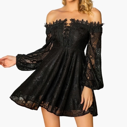 Women's Off-Shoulder Mini Dress Elegant with Lace Sleeves – Perfect for Festive Occasions or Evening Events