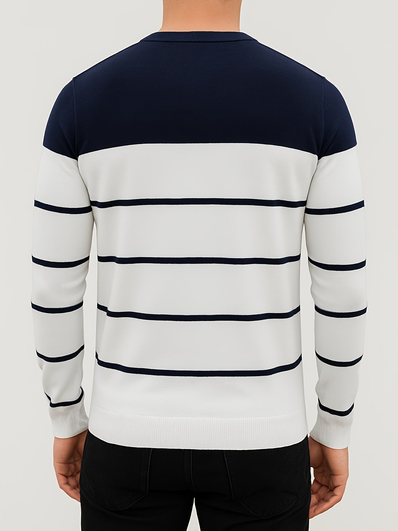 Men's striped crew-neck long-sleeve sweater, green and white