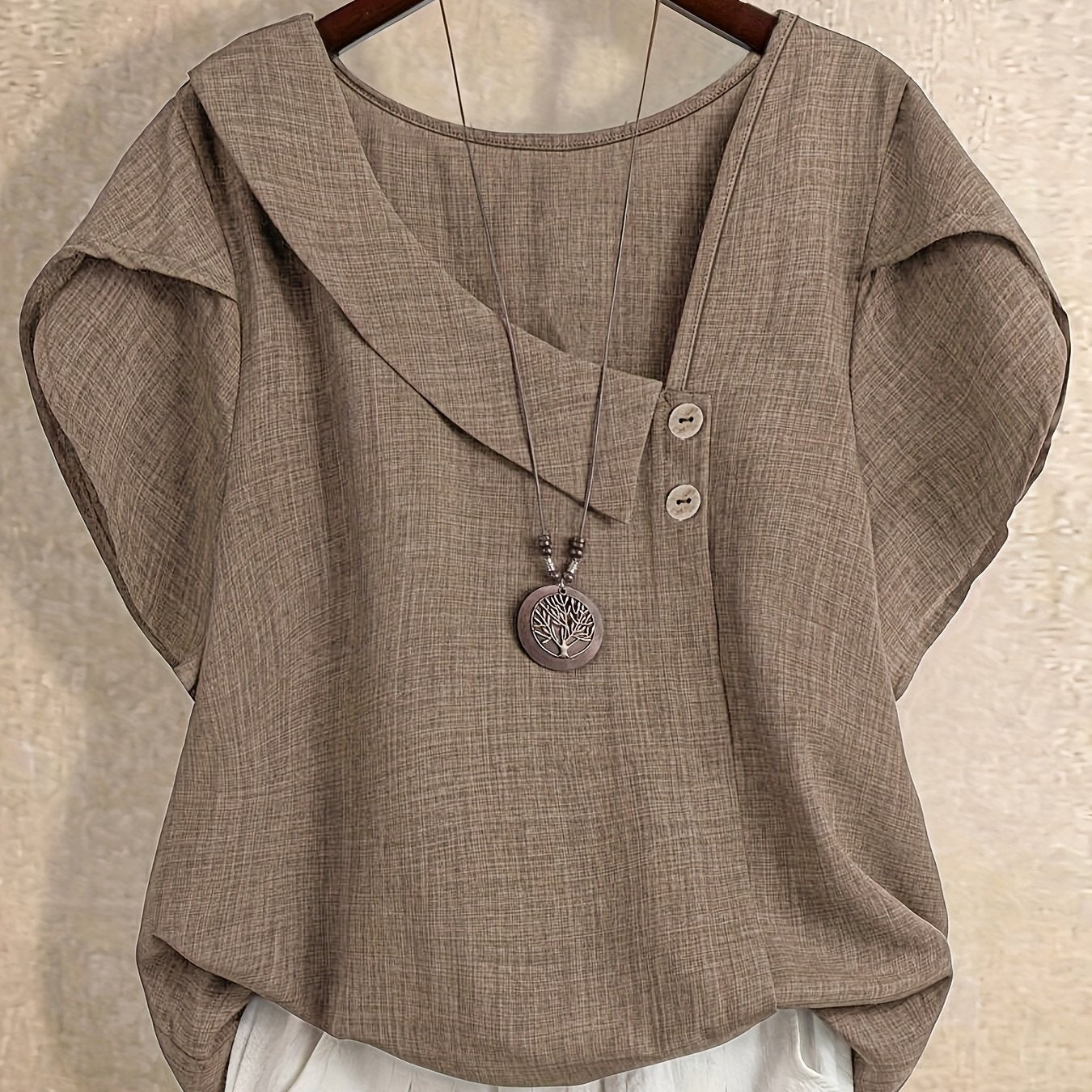 Women's tunic blouse with asymmetrical collar and short sleeves – Artistic casual style