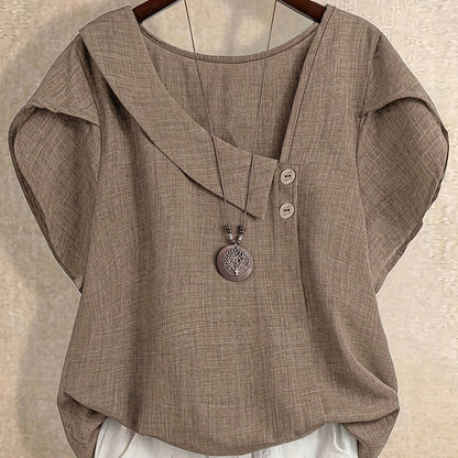 Women's tunic blouse with asymmetrical collar and short sleeves – Artistic casual style