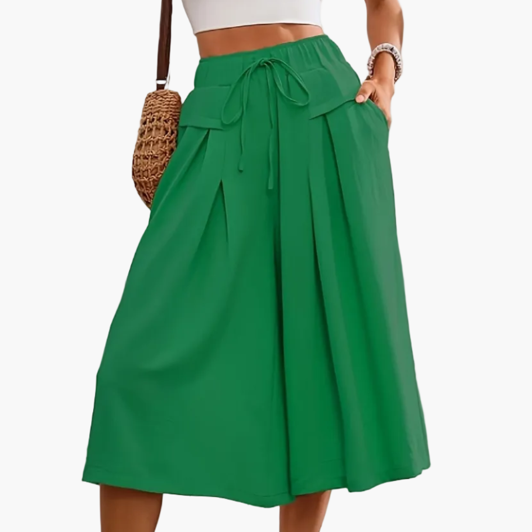 Women's Elegant Wide Summer Culotte Pants with Tie Belt – Fashionable Capri Pants for Leisure and Vacation