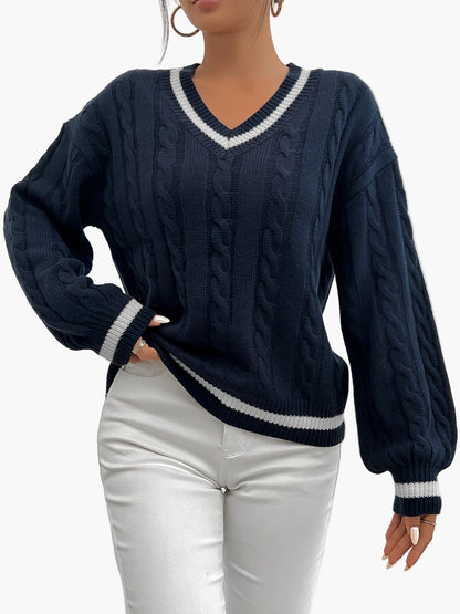 Women's Elegant Knit Sweater with V-Neck and Cable Pattern – Perfect for Office & Leisure
