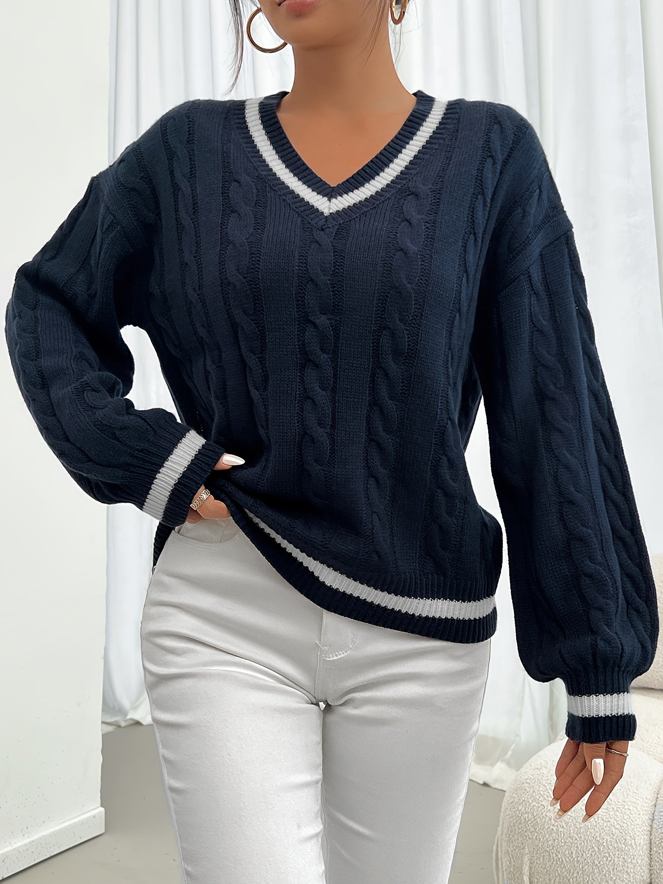 Damen Zopfstrick Pullover V-Ausschnitt Gestreifte Ärmel