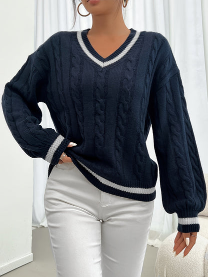 Damen Zopfstrick Pullover V-Ausschnitt Gestreifte Ärmel