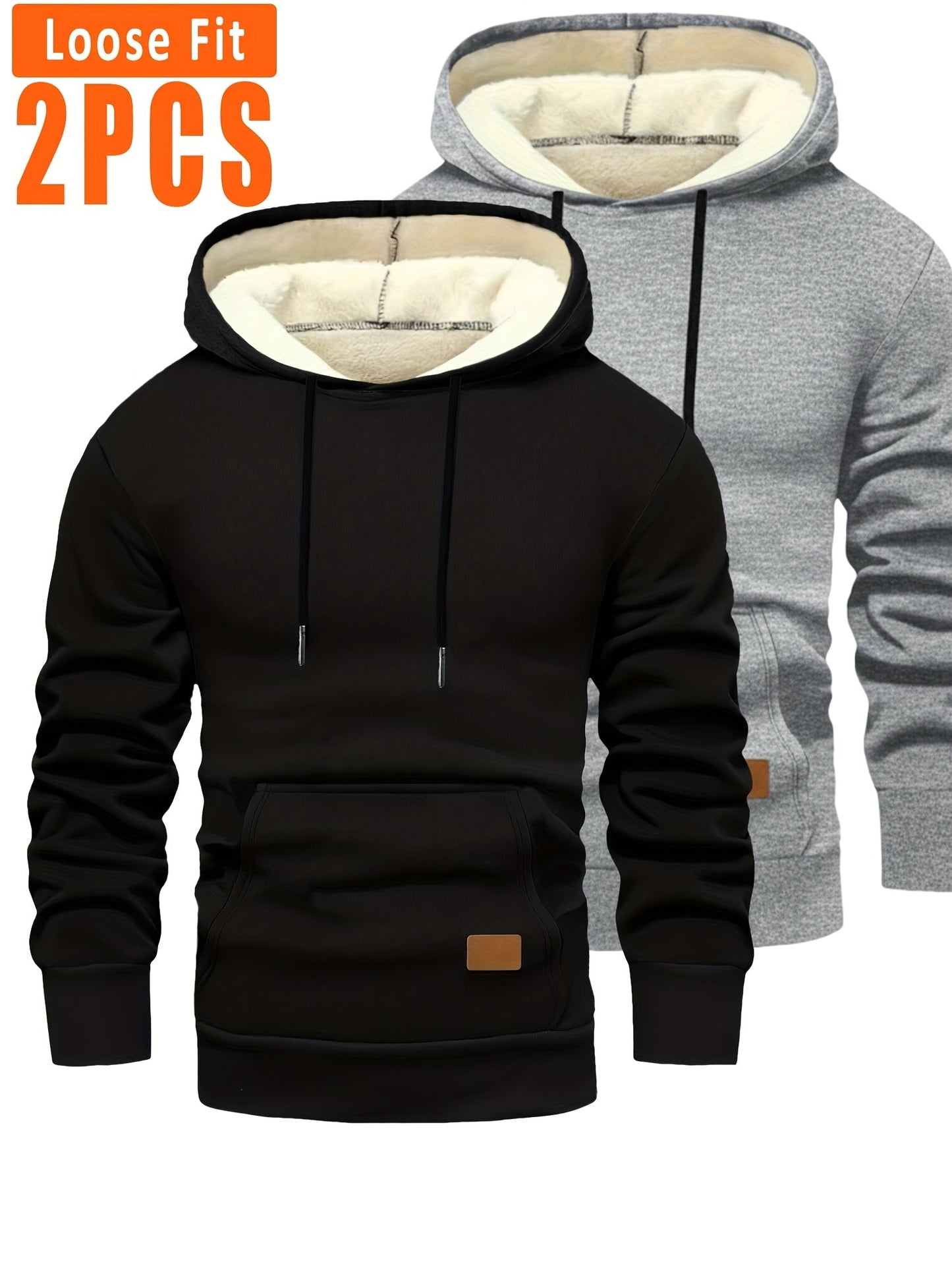 2-pack of men’s hooded sweatshirts, fleece-lined, with kangaroo pockets and drawstrings, black & dark gray