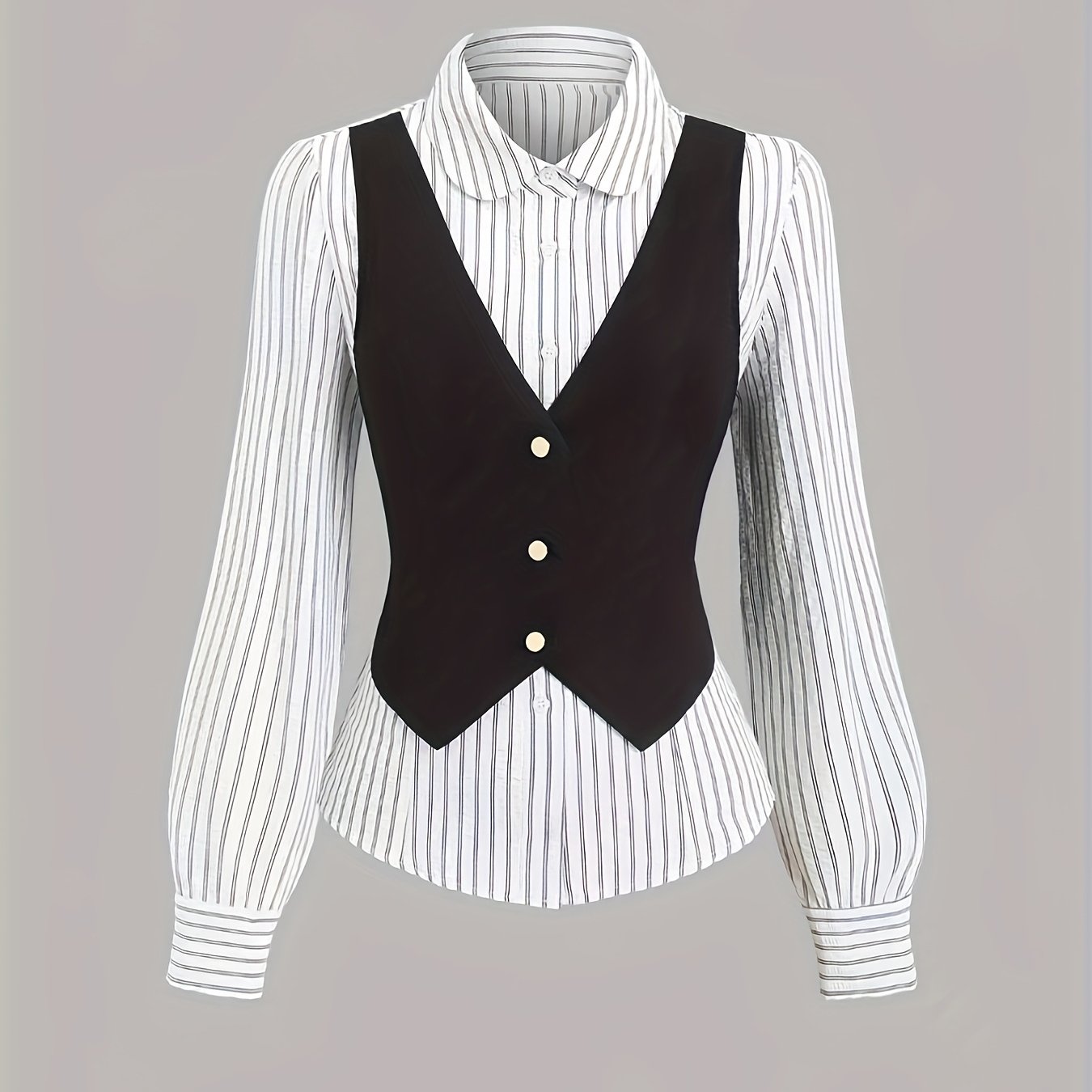 Women's striped black-and-white blouse and vest set
