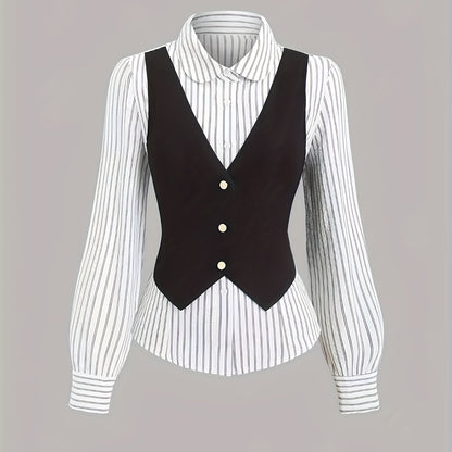 Women's striped black-and-white blouse and vest set