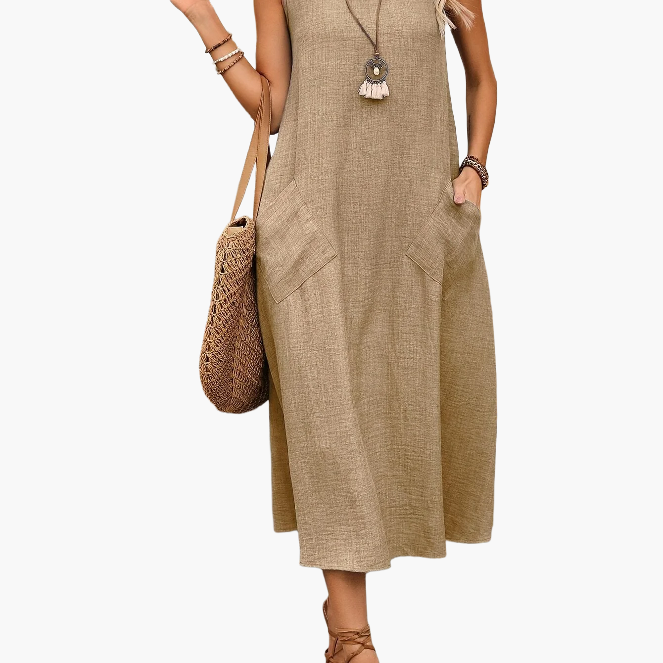 Damen Freizeitkleid ärmellos, lockerer Schnitt, Sommerkleid mit Taschen, Tunika-Stil, ideal für Alltag & Urlaub