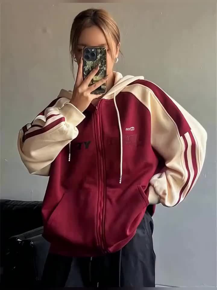 Unisex Kapuzenpullover mit Reißverschluss und Streifen-Design, Rot-Creme