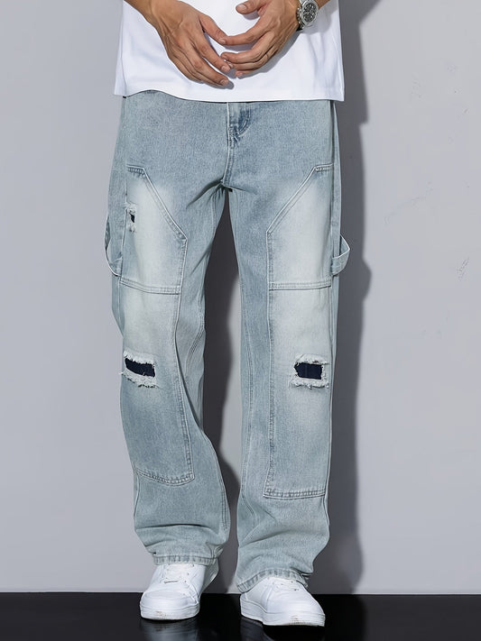 Men's Cargo Jeans in Loose Fit Style with Distressed Design – Trendy Casual Pants