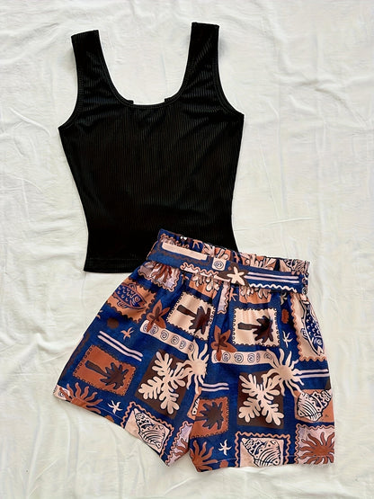 Women's Summer Two-Piece Set – Tropical Shorts and Ribbed Top for Vacation and Leisure