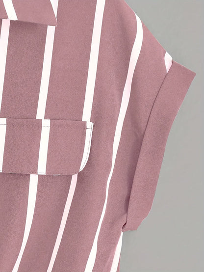 Women's Short-Sleeve Striped Blouse with Knot and Chest Pocket – Summer, Elegant, Casual