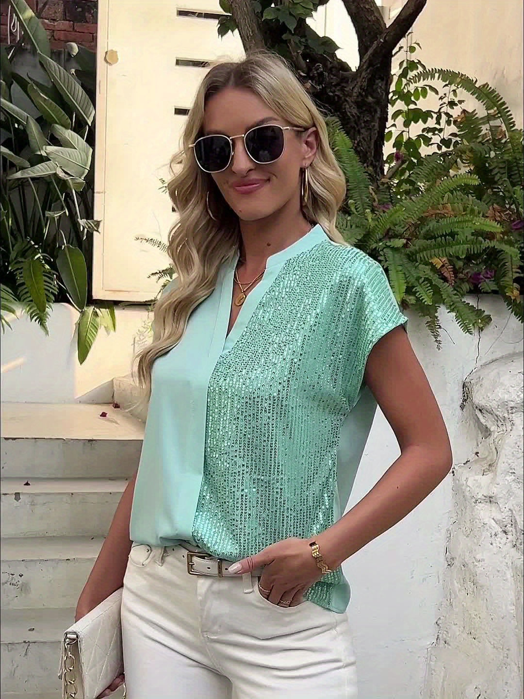 Women's Elegant Blouse with Sequins and V-Neck – Perfect for Office and Everyday Wear